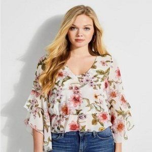 New - GUESS Jiya Ruffle Bell Sleeve Floral Sheer Blouse Sz L Flawed